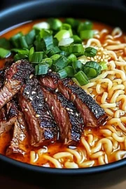 Delicious Spicy Korean Ramen with Grilled Beef & Creamy Sauce Recipe